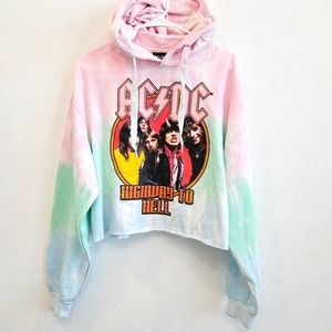 NWT AC/DC Tie Dye Graphic Cropped Hoodie Sweater M